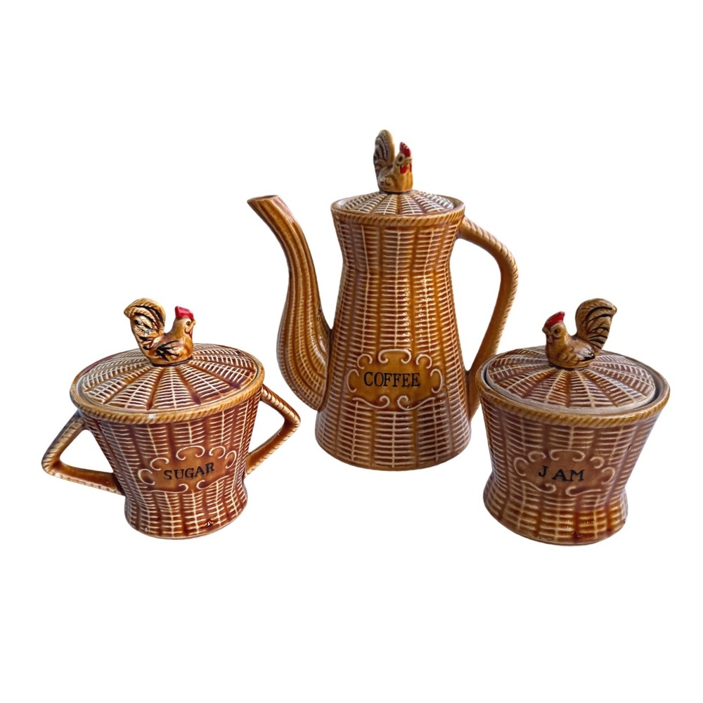 Vintage Rooster Basketweave Ceramic Coffee Pot Sugar Bowl & Jam Jar Set Brown - Picture 2 of 14